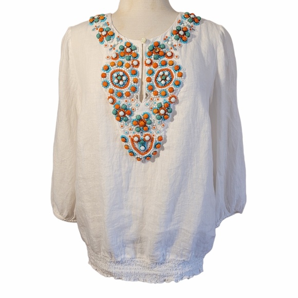 Calypso St. Barth Linen Multi/Beaded Blouse White Size M - Picture 1 of 9